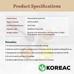 Korean Mildly Roasted Pure Sesame Oil 180ml (100% Korean Sesame Seeds) 한국 참기름