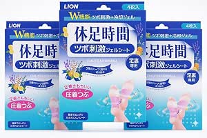 LION Kyusoku Jikan acupressure cooling foot patches, 12 sheets in 3 packs